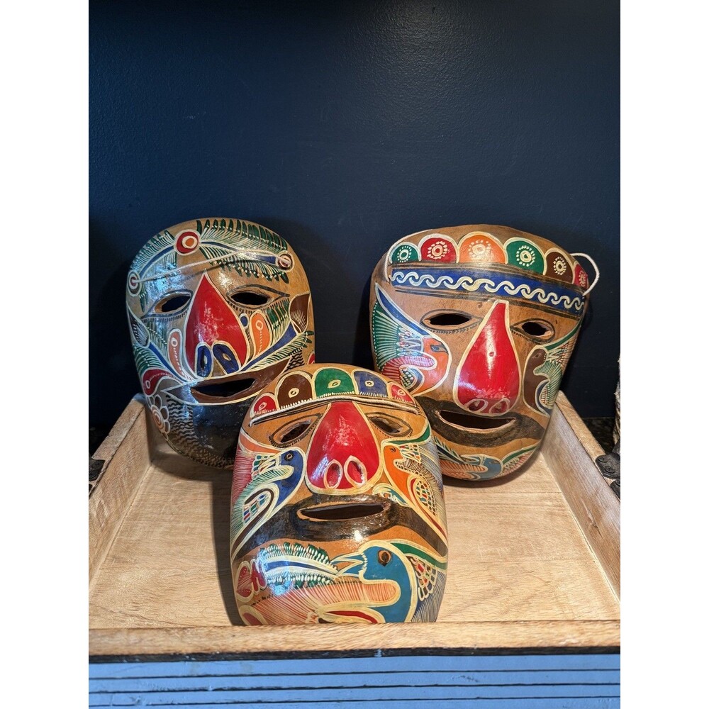 Hand Painted Folk Art Masks Set 3 Latin American Bird Motif Decor